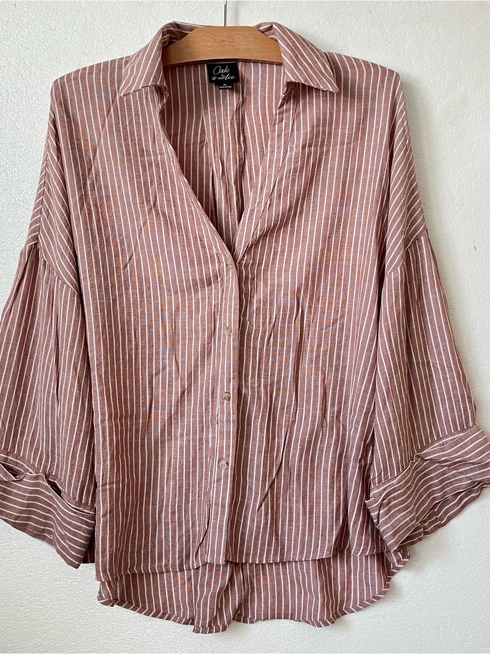 Oak & Trellis Womens XL Button Up Shirt Linen Blend 3/4 Sleeve Striped Beige